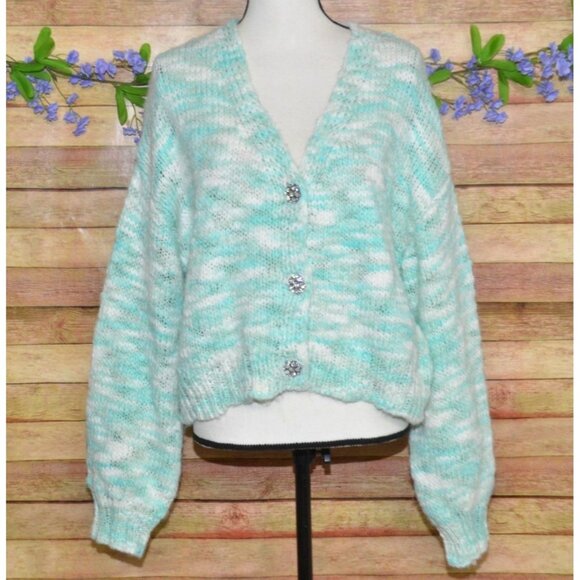 Wild Fable Ladies XXL Rhinestone Button Green Chunky Knit Cardigan Crop Sweater - Picture 1 of 9